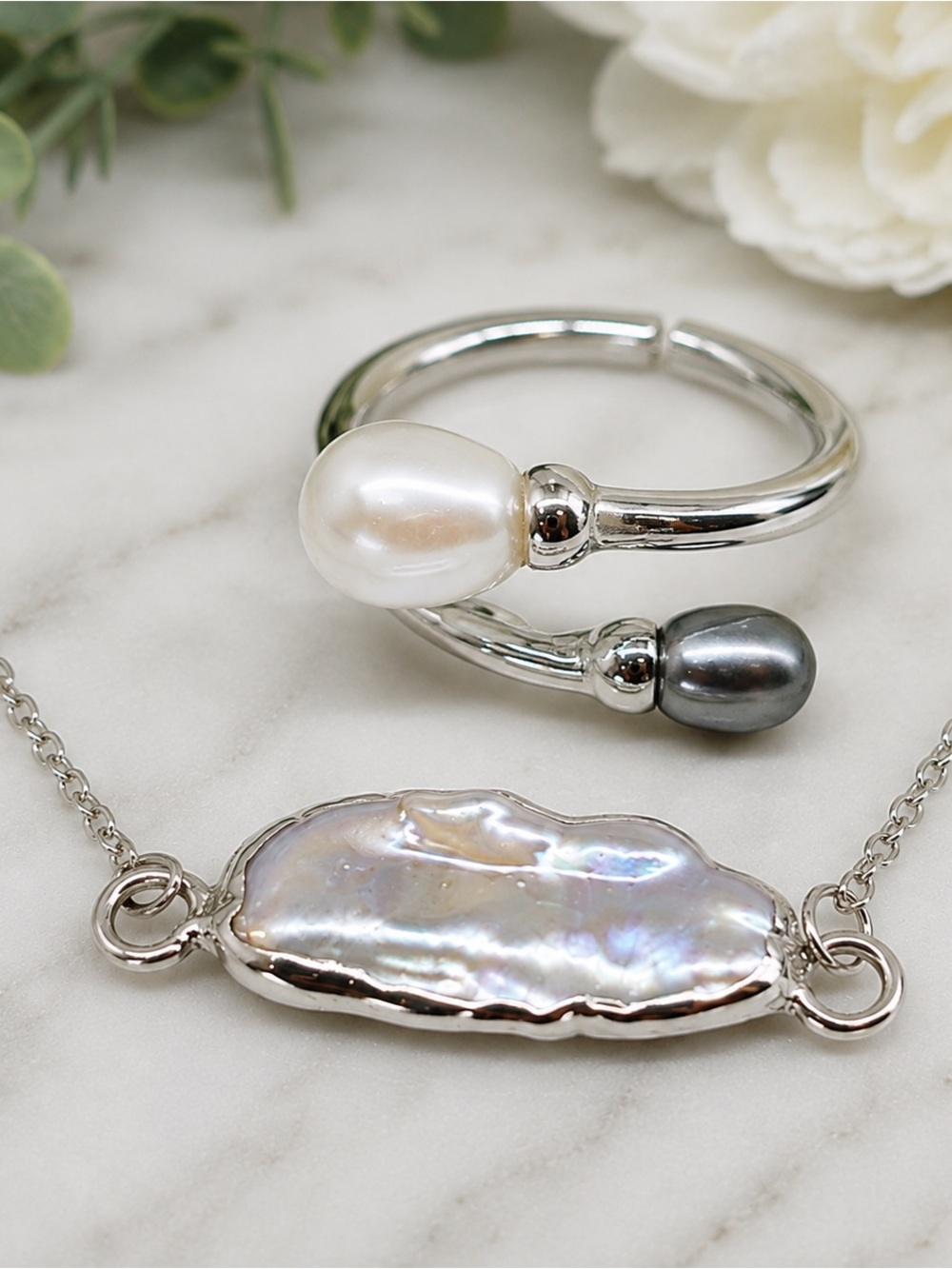 Sterling Silver Baroque Pearl Bracelet & Pearl Ring Set